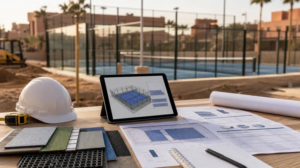Planification d'un projet de terrain de padel avec plans techniques, matériaux et chantier en arrière-plan