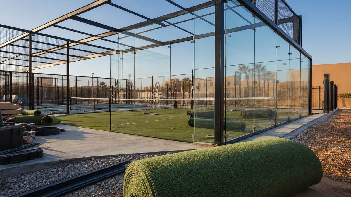 Chantier de construction d'un terrain de padel au Maroc avec structure, vitrages et gazon en pose