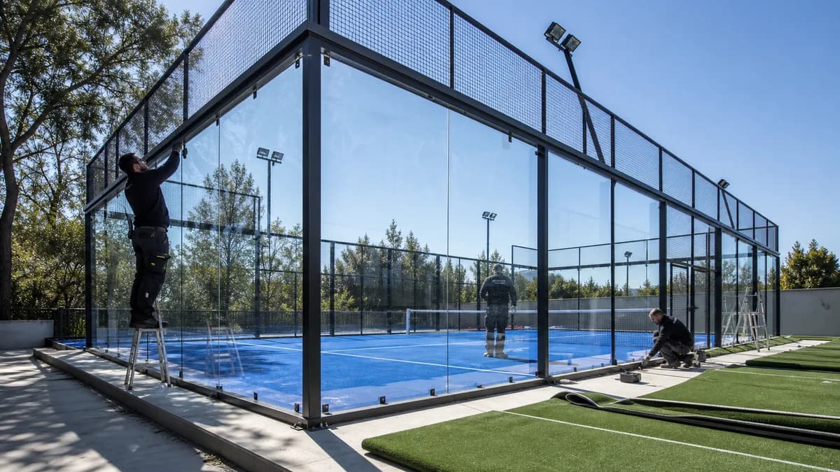 Techniciens installant les vitrages et le gazon d'un terrain de padel premium