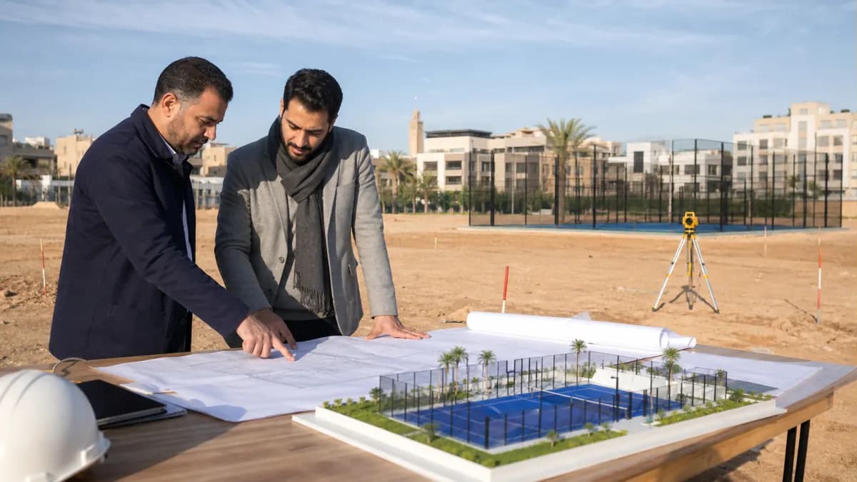 Architecte et porteur de projet préparant un terrain de padel au Maroc