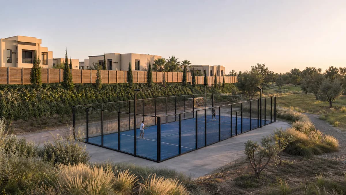 Terrain de padel près d’habitations avec écran acoustique et talus paysager