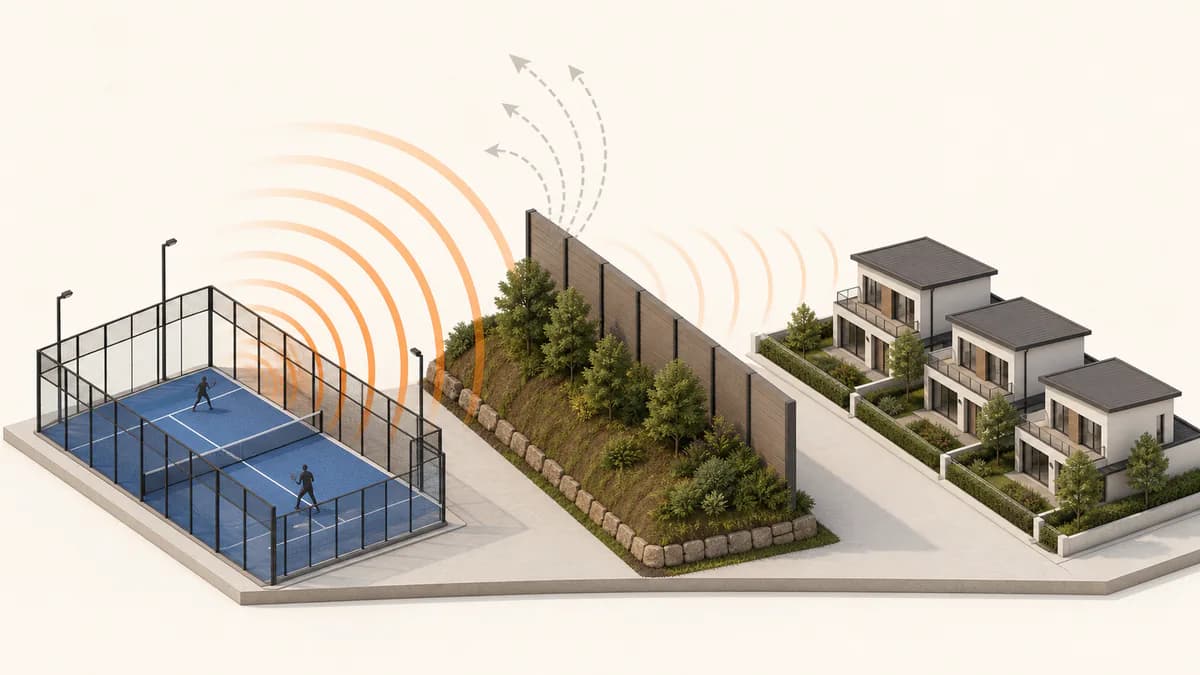Schéma sans texte de la propagation du bruit entre un terrain de padel, un écran et des habitations