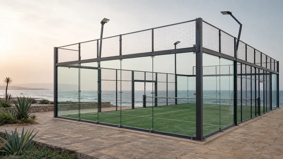 Terrain de padel en bord de mer au Maroc exposé aux embruns salins