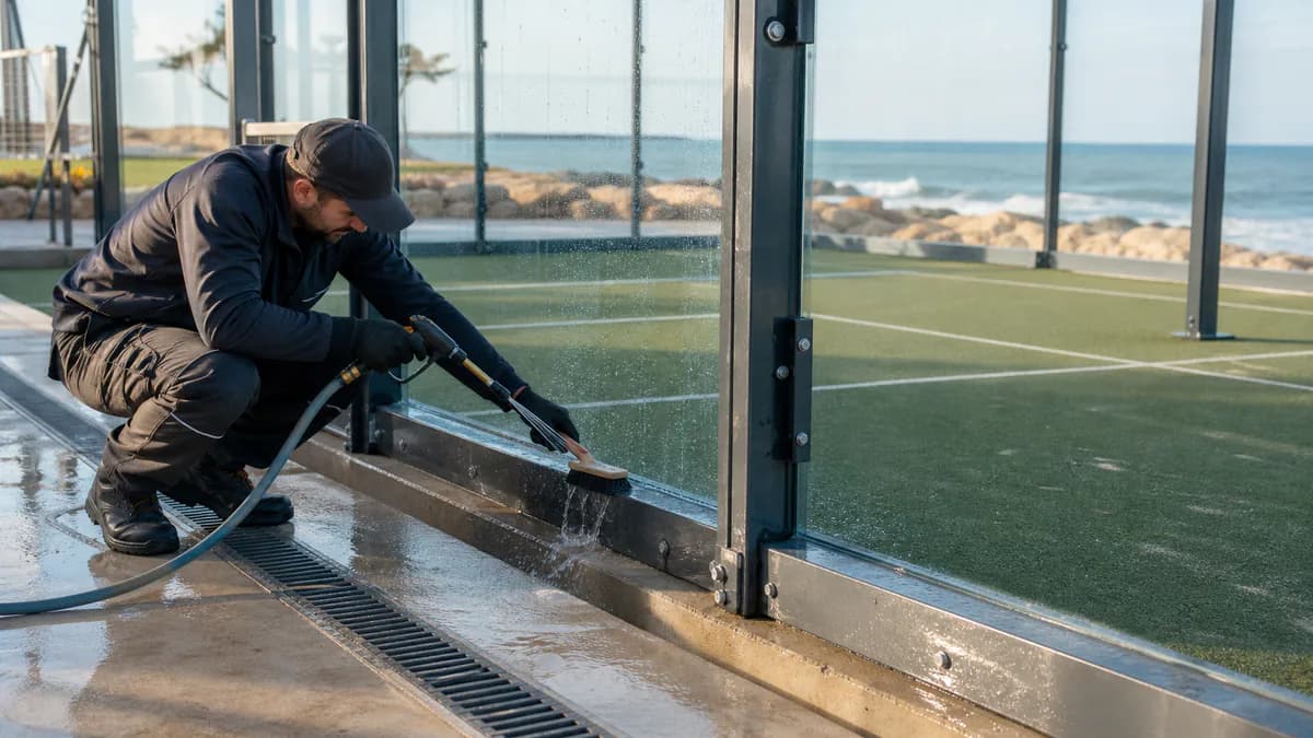 Lavage préventif d'une structure de padel exposée au sel marin