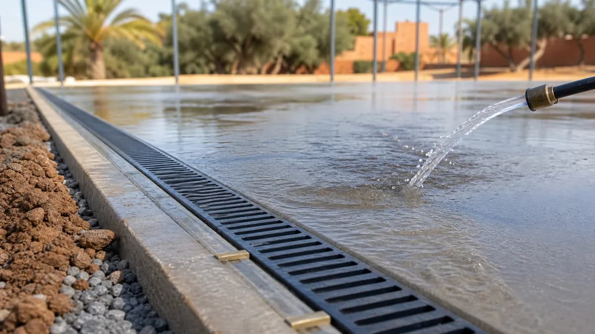 Essai d’écoulement vers le caniveau de drainage d’une dalle de padel