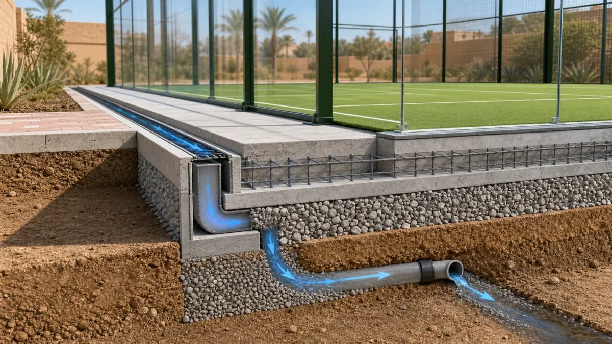 Coupe technique d’une dalle béton avec drainage pour terrain de padel