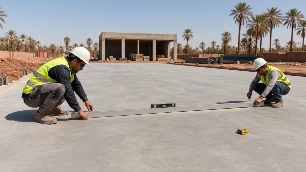 Techniciens contrôlant la planéité d’une dalle béton pour terrain de padel
