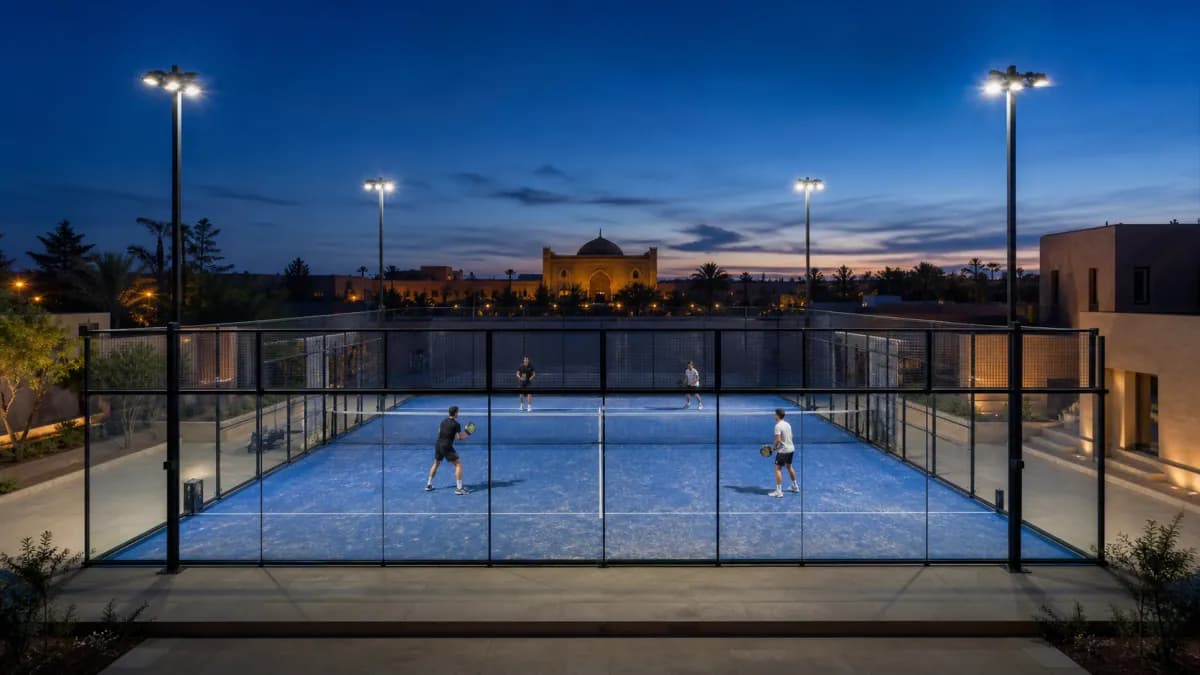 Éclairage LED uniforme d’un terrain de padel au Maroc à la tombée de la nuit