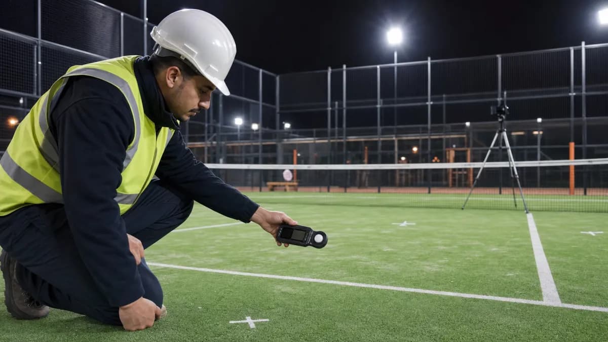 Mesure des lux sur le gazon d’un terrain de padel éclairé par LED