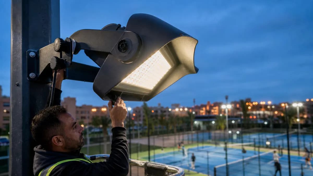 Réglage d’un projecteur LED avec visière anti-éblouissement sur un terrain de padel