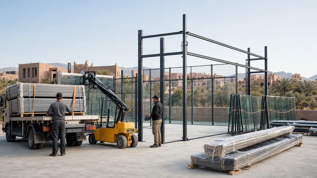 Préparation logistique d’un chantier de terrain de padel avec camion, levage et composants