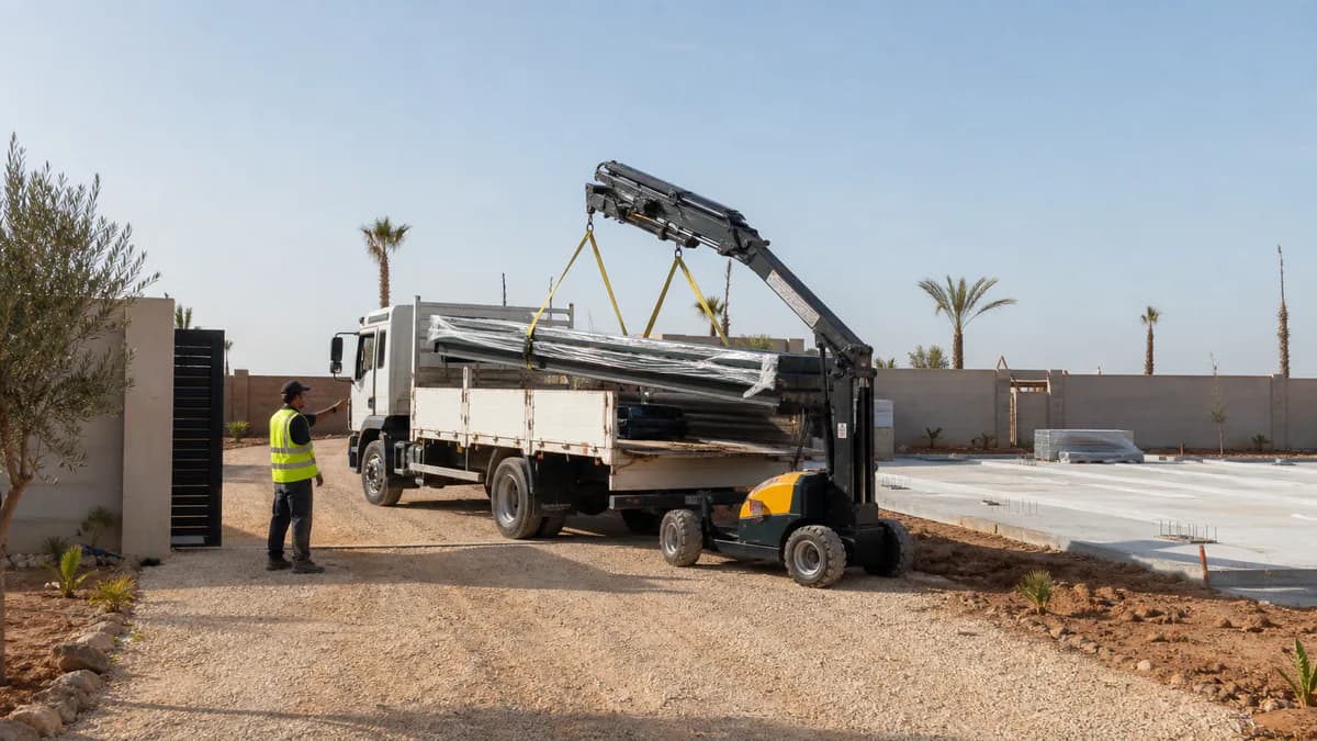 Accès camion et opération de levage contrôlée avant l’installation d’un terrain de padel
