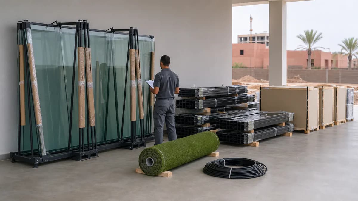 Stockage organisé du vitrage, de la structure et du gazon d’un terrain de padel