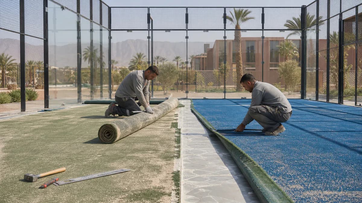Remplacement du gazon d’un terrain de padel avec dépose de l’ancien revêtement
