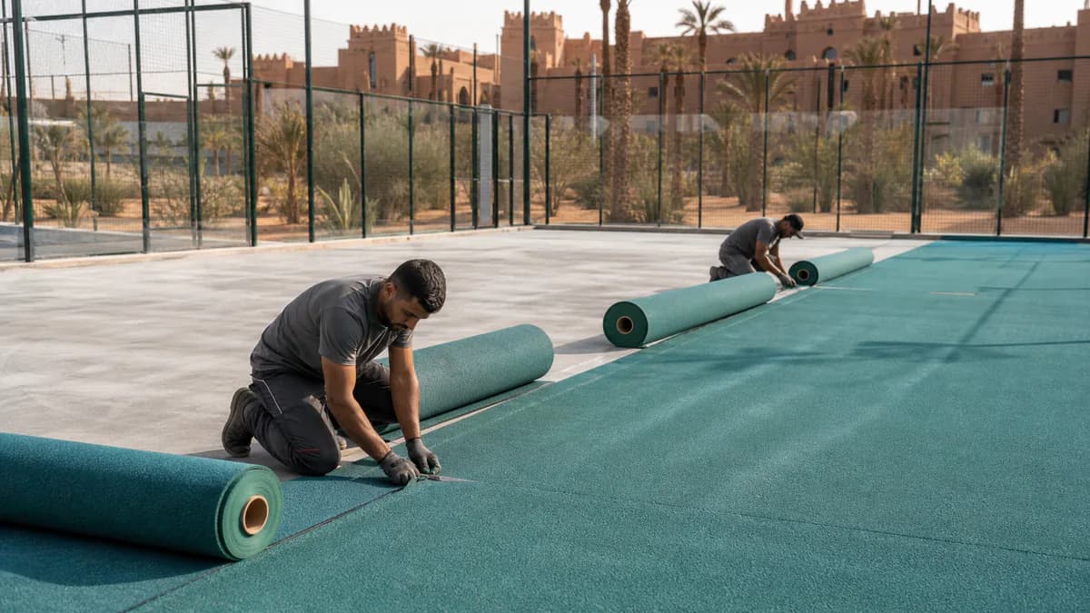 Rouleaux de gazon synthétique alignés pendant la pose sur un terrain de padel