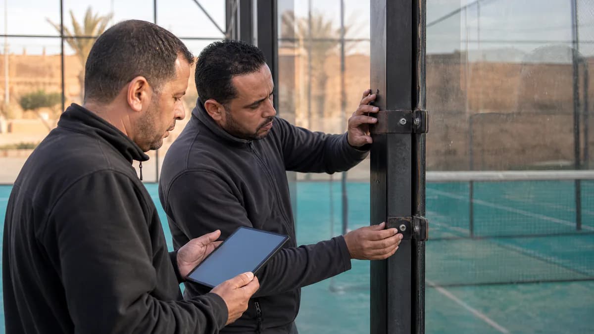 Contrôle du vitrage et de la structure avant rénovation d'un terrain de padel