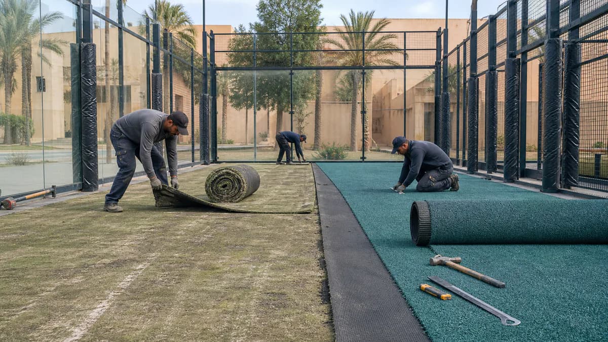 Chantier de rénovation du gazon d'un terrain de padel au Maroc