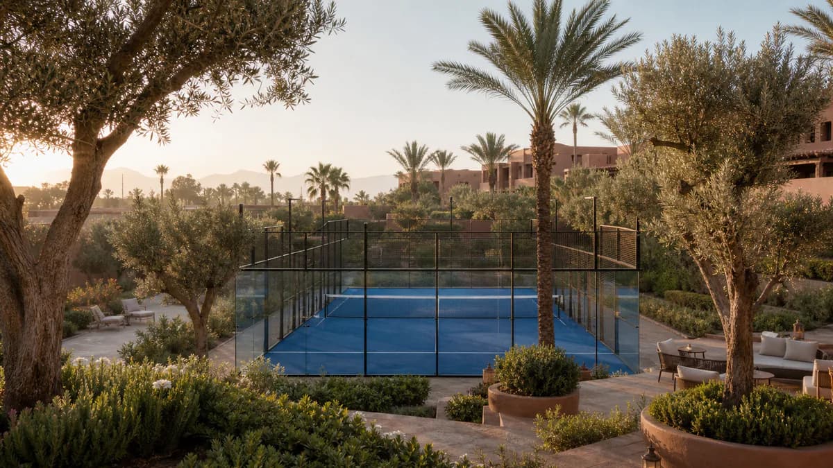 Terrain de padel intégré au jardin d’un hôtel resort au Maroc
