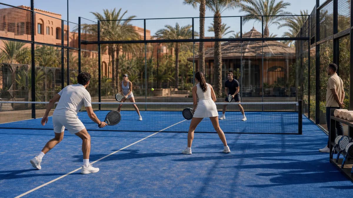 Clients d’un hôtel jouant sur un terrain de padel au Maroc