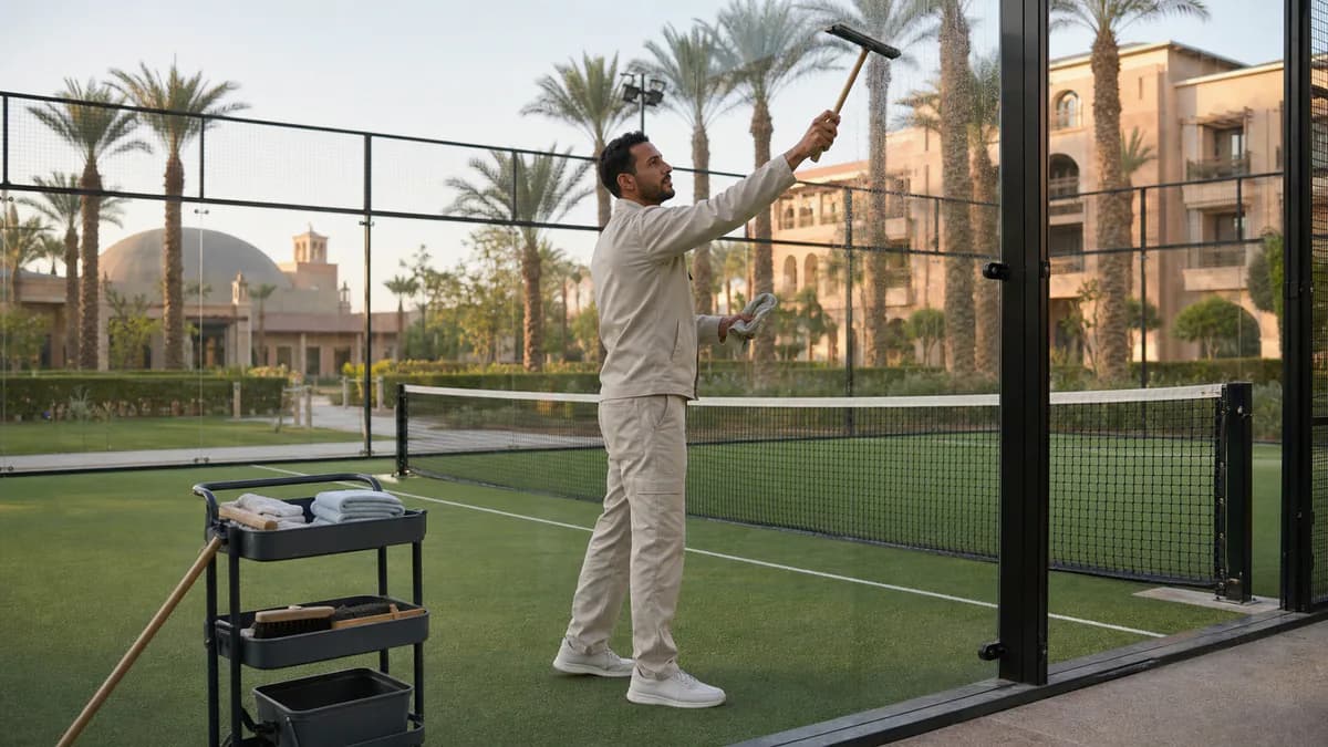 Entretien premium des vitrages d’un terrain de padel dans un hôtel