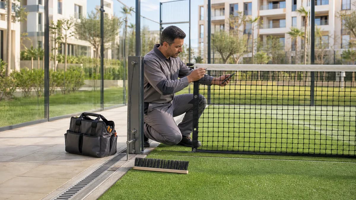 Technicien contrôlant le filet et le drainage d’un terrain de padel résidentiel